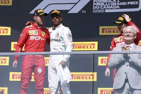 HAMILTON Lewis F1 Team Mercedes AMG Sieger in Montreal bei der Siegerehrung mit VETTEL Sebastian und LECLERC Charles Formel 1 GP 2019 Kanada am 09.06.2019 in Montreal