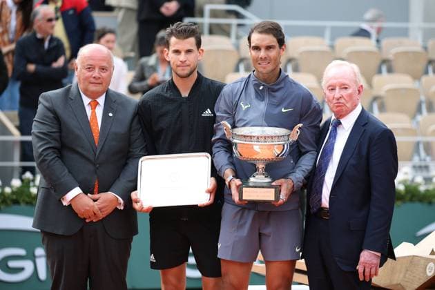 Dominic Thiem, AUT, and Rafael Nadal, ESP, and Rod Laver after final of 2019 French Open at Roland Garros, Paris, 09 06 2019; -