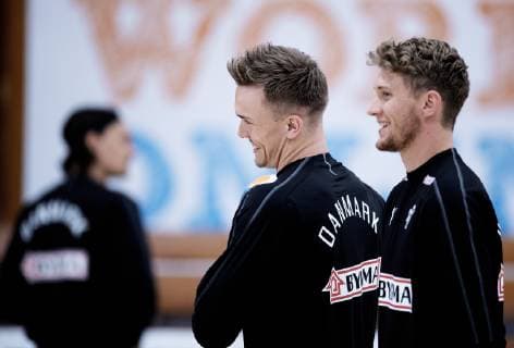 Lasse Andersson og Magnus Landin under haandbold herrelandsholdets traening i Bavnehoej Hallen forud for EM-kvalifikationen, mandag den 10. juni 2019.. , Copenhagen Denmark