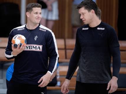 Kevin Moeller og Niklas Landin under haandbold herrelandsholdets traening i Bavnehoej Hallen forud for EM-kvalifikationen, mandag den 10. juni 2019.. , Copenhagen Denmark