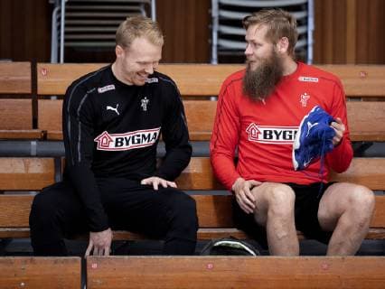 Anders Zachariassen og Nikolaj OEris under haandbold herrelandsholdets traening i Bavnehoej Hallen forud for EM-kvalifikationen, mandag den 10. juni 2019.. , Copenhagen Denmark