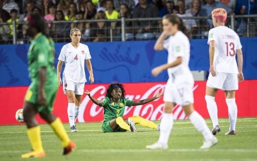 (190611) -- MONTPELLIER, June 11, 2019 (Xinhua) -- Gabrielle Aboudi Onguene (C) of Cameroon reacts during the group E match between Canada and Cameroon at the 2019 FIFA Women s World Cup in Montpellier, France on June 10, 2019. Canada won 1-0. (Xinhua Xiao Yijiu) (SP)FRANCE-MONTPELLIER-2019 FIFA WOMEN S WORLD CUP-GROUP E-CANADA VS CAMEROON 