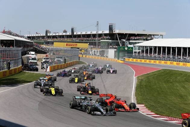 Montreal, Canada, 09.06.2019, Formel 1, Formula 1, Canada Grand Prix, Rennstart: Sebastian Vettel (GER 5), Scuderia Ferrari Mission Winnow, Lewis Hamilton (GB 44), Mercedes-AMG Petronas Motorsport, Charles Leclerc (MCO 16), Max Verstappen (NEL 33), Aston Martin Red Bull Racing, Daniel Ricciardo (AUS 3), Renault F1 Team ( Defodi-09-506-033360