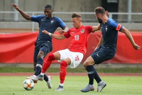 SOCCER - OEFB U21, U 21 AUT vs FRA, test match HARTBERG,AUSTRIA,11.JUN.19 - SOCCER - OEFB Under-21 international match, Länderspiel, Nationalmannschaft Austria vs France, friendly match. Image shows Fode Ballo Toure (FRA), Hannes Wolf (AUT) and Lucas Tousart (FRA). GEPAxpictures xChristianxWalgram