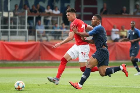 SOCCER - OEFB U21, U 21 AUT vs FRA, test match HARTBERG,AUSTRIA,11.JUN.19 - SOCCER - OEFB Under-21 international match, Länderspiel, Nationalmannschaft Austria vs France, friendly match. Image shows Mathias Honsak (AUT) and Kelvin Amian Adou (FRA). GEPAxpictures xChristianxWalgram