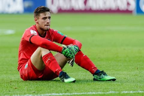 Gdynia, Polen, 11.06.2019, FIFA U-20-Weltmeisterschaft Polen 2019, Halbfinale, Ukraine - Italien, Torwart Alessandro Plizzari (ITA) enttaeuscht ( Defodi-01048-180958