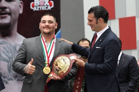 June 11, 2019 - EUM20190611DEP08.JPG .CIUDAD DE MEXICO, Boxing Boxeo-Andy Ruiz.- 11 junio 2019. El boxeador Andy Ruiz, quien recientemente se convirtio en el primer campeon mexicano de peso completo, ofrecio una conferencia de prensa en la capital, a dias de obtener los tres cinturones de la AMB, OMB y FIB ante el estadounidense Anthony Joshua. En imagen, en compania de Miguel Torruco Garza, director de la Comision Nacional de Boxeo. Foto: Agencia EL UNIVERSAL Carlos Mejia AFBV Latin News: June 11, 2019 Copyright: xCarlosxMejia ElxUniversalx