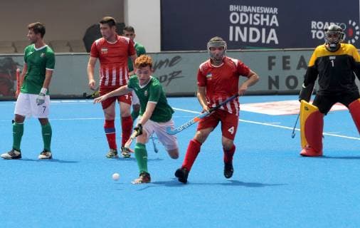 June 12, 2019 - Bhubaneswar, India - ISMAILOV Enver ( 4) of Uzbekistan (Red) in the action on Hockey World Series Finals 2019 7th and 8th match position match betwee Mexico and Uzbekistan at the Kalinga stadium in the eastern Indian state Odisha s capital city Bhubaneswar on 12 June 2019. Mexico won the match on 4-3 score against Uzbekistan and Uzbekistan listed in the 8th position in the tournament. Uzbekistan v Mexico - Hockey World Series Finals  - ZUMAn230 20190612_zaa_n230_032 Copyright: xStrx