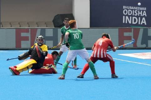 June 12, 2019 - Bhubaneswar, India - GOMEZ Jorge ( 10) of Mexico (Green) and ISMAILOV Enver ( 4) of Uzbekistan (Red) in the action on Hockey World Series Finals 2019 7th and 8th match position match betwee Mexico and Uzbekistan at the Kalinga stadium in the eastern Indian state Odisha s capital city Bhubaneswar on 12 June 2019. Mexico won the match on 4-3 score against Uzbekistan and Uzbekistan listed in the 8th position in the tournament. Uzbekistan v Mexico - Hockey World Series Finals  - ZUMAn230 20190612_zaa_n230_033 Copyright: xStrx