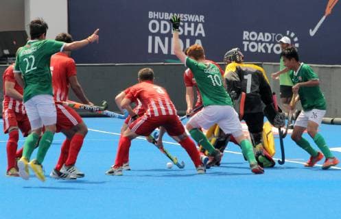 June 12, 2019 - Bhubaneswar, India - Gomez Jorge ( 10) of Mexico (Green) and IBROKHIMOV Azizbek ( 3) of Uzbekistan (Red) in the action on Hockey World Series Finals 2019 7th and 8th match position match betwee Mexico and Uzbekistan at the Kalinga stadium in the eastern Indian state Odisha s capital city Bhubaneswar on 12 June 2019. Mexico won the match on 4-3 score against Uzbekistan and Uzbekistan listed in the 8th position in the tournament. Uzbekistan v Mexico - Hockey World Series Finals  - ZUMAn230 20190612_zaa_n230_038 Copyright: xStrx