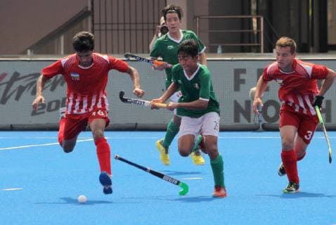 June 12, 2019 - Bhubaneswar, India - ESTRADA Jorge of Mexico (Green) vies NAZAROV Oybek ( 16) and IBROKHIMOV Azizbek ( 3) of Uzbekistan (Red) in the action on Hockey World Series Finals 2019 7th and 8th match position match betwee Mexico and Uzbekistan at the Kalinga stadium in the eastern Indian state Odisha s capital city Bhubaneswar on 12 June 2019. Mexico won the match on 4-3 score against Uzbekistan and Uzbekistan listed in the 8th position in the tournament. Uzbekistan v Mexico - Hockey World Series Finals  - ZUMAn230 20190612_zaa_n230_036 Copyright: xStrx