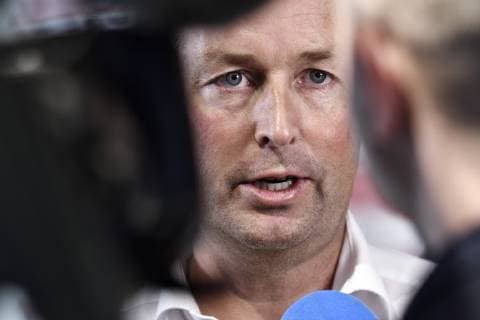 Peter Moeller, fodbolddirektoer i DBU, praesenterer Kasper Hjulmand som kommende ny landstraener og Morten Wieghorst som assistenttraener i DBUs hovedkvarter i Broendby, onsdag den 12. juni 2019.. , Denmark Copyright: TariqxMikkelxKhanx COP105 spdk20190612-142613-L