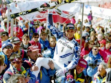 Ski WM 1996, RTL Herren: Alberto TOMBA (ITA) SKI ALPIN SAISON 95 96 WM 1996 Sierra Nevada Riesentorlauf Herren 13.02.1996 Alberto TOMBA (ITA) jubelt im Ziel. Sierra Nevada Spanien *** World Ski Championships 1996, RTL Men Alberto TOMBA ITA SKI ALPIN SAISON 95 96 World Championships 1996 Sierra Nevada Giant Slalom Men 13 02 1996 Alberto TOMBA ITA cheers at the finish Sierra Nevada Spain 