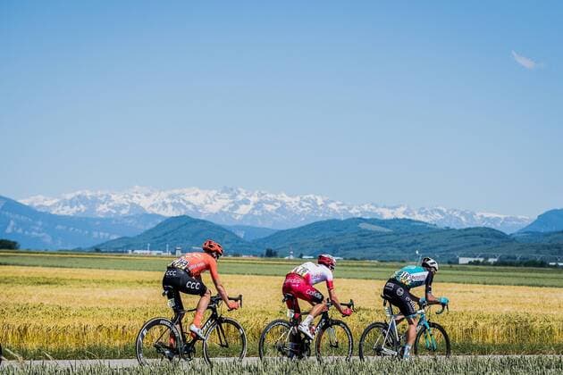 Die Spitzengruppe des Tages mit Yoann Bagot (FRA Vital Concept) - Stephane Rossetto (FRA Cofidis Solutions Credits) und Alessandro De Marchi (ITA CCC Team) - Aktion Rennszene - Querformat - quer - horizontal - Event Veranstaltung: 71. Criterium du Dauphine - 5.Etappe Stage 5: Boen-sur-Lignon to Voiron 201.0 km - Ort Location: Voiron - Region: Region Auvergne-Rhone-Alpes - Land Country: Frankreich France - Datum Date: 13.06.2019 Cycling Radsport 71. Criterium du Dauphine - 5.Etappe 13.06.2019