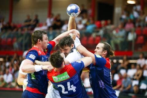 HANDBALL - EHF EC, AUT vs NOR KLAGENFURT,AUSTRIA,13.JUN.19 - HANDBALL - EHF EURO Cup, international match, Länderspiel, Nationalmannschaft Austria vs Norway. Image shows Sander Sagosen, Christian O Sullivan, Kent Robin Toennesen (NOR) and Tobias Wagner (AUT). GEPAxpictures xDanielxGoetzhaber
