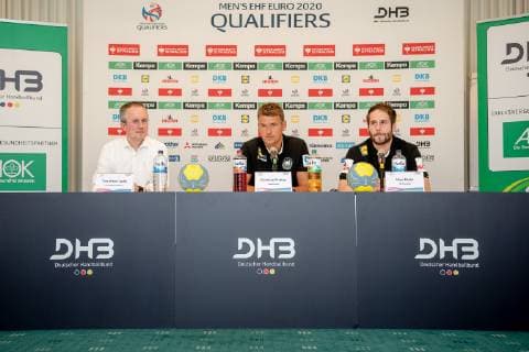 14.06.2019 - Handball - DHB - Pressekonferenz Deutsche Nationalmannschaft - ThHa - vrnl Nico Büdel Buedel (45, Deutsche Handball Nationalmannschaft DHB ) Christian Prokop (Trainer, Bundestrainer, Deutsche Handball Nationalmannschaft DHB ) Tim Oliver Kalle (Leiter Kommunikation, Deutscher Handball Bund )