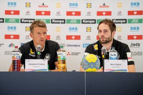 14.06.2019 - Handball - DHB - Pressekonferenz Deutsche Nationalmannschaft - ThHa - Christian Prokop (Trainer, Bundestrainer, Deutsche Handball Nationalmannschaft DHB ) Nico Büdel Buedel (45, Deutsche Handball Nationalmannschaft DHB )