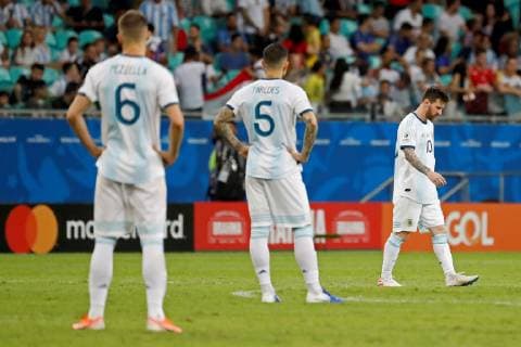 Argentinian Lionel Messi (R) reacts during the Copa America 2019 Group B soccer match between Argentina and Colombia, at Arena Fonte Nova Stadium in Salvador, Brazil, 15 June 2019. Argentina vs. Colombia !ACHTUNG: NUR REDAKTIONELLE NUTZUNG!  Copyright: xRaulxSpinassex SCA0351 20190616-636962449313910210