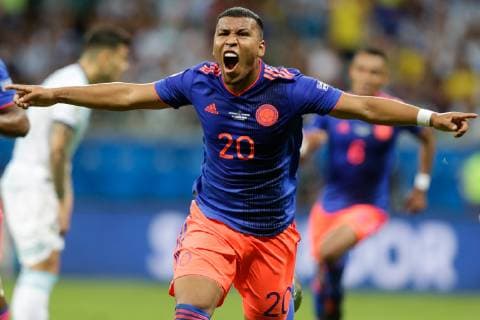 (190616) -- SALVADOR, June 16, 2019 -- Colombia s Roger Martinez(Front) celebrates a goal during the Copa America 2019 Group B match between Argentina and Colombia in Salvador, Brazil, June 15, 2019. Colombia won 2-0. ) (SP)BRAZIL-SALVADOR-SOCCER-COPA AMERICA 2019-ARGENTINA VS COLOMBIA FranciscoxCanedo 