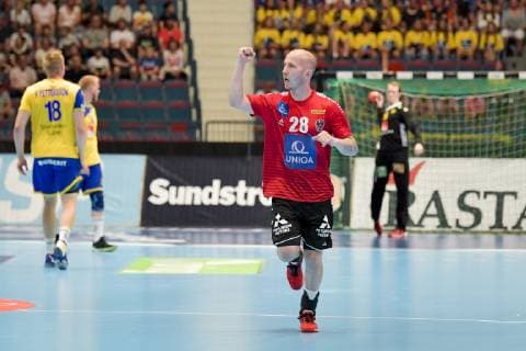 Handball, EHF EURO Cup, Schweden - Österreich Austria s Robert Weber celebrates during the EHF Euro Cup handball match between Sweden and Austria at Hovet arena in Stockholm, Sweden, on June 16, 2019. STOCKHOLM SWEDEN HANDBALL x10070x