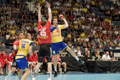 Handball, EHF EURO Cup, Schweden - Österreich Austria s Daniel Dicker (45) tries to block a shot from Sweden s Kim Andersson during the EHF Euro Cup handball match between Sweden and Austria at Hovet arena in Stockholm, Sweden, on June 16, 2019. STOCKHOLM SWEDEN HANDBALL x10070x