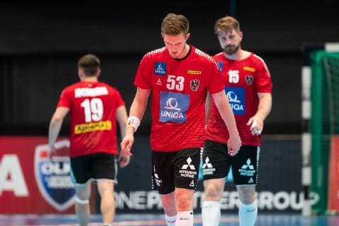 190616 Nikola Bilyk and Fabian Posch of Austria look dejected during the EHF Euro Cup match between Sweden and Austria on June 16, 2019 in Stockholm. Photo: Andreas L Eriksson Bildbyran kod AE Cop 106 handboll handball ehf euro cup sverige sweden Österrike Austria depp bbeng Copyright: ANDREASxLxERIKSSON BB190616AE026