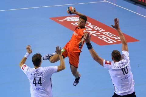 Handball, EM Quali, Niederlande - Lettland Handbal Nederland v Letland 16-06-2019: Handbal: Mannen Nederland v Letland: Lelystad EK2020 kwalificatie, Nederland - Letland Ephrahim Jerry (NED)