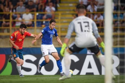 Photo Massimo Paolone LaPresse June 16, 2019 Bologna, Italy soccer Italy vs Spain - UEFA Under 21 Championship Italy 2019 - Group stage final tournament Group A - "Renata Dall Ara" stadium. In the pic: Federico Chiesa (Italia) goal 1-1  Copyright: xMassimoxPaolone LaPressex