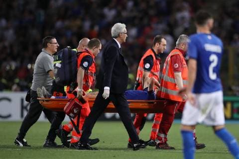 Nicolo Zaniolo of Italy is carried away from the field of play on a stretcher after picking up an injury during the UEFA Under-21 Championship 2019 match at Renato Dall Ara, Bologna. Picture date: 16th June 2019. Picture credit should read: Jonathan Moscrop Sportimage EDITORIAL USE ONLY. No use with unauthorised audio, video, data, fixture lists, club league logos or live services. Online in-match use limited to 120 images, no video emulation. No use in betting, games or single club league player publications. SPI-0100-0028