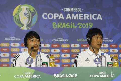 Training of the Japanese Team in São Paulo SÃO PAULO, SP - 16.06.2019: TRAINING OF THE JAPANESE TEAM IN SÃO PAULO - Player Gaku Shibasaki and coach Hajime Moriyasu during a press conference, PK, Pressekonferenz before the training of the Japanese team at the Morumbi Stadium in São Paulo, SP. (Photo: Ricardo Moreira Fotoarena) x1748707x  RicardoxMoreira