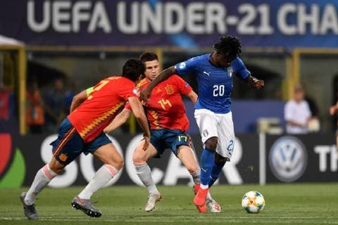 Igor Zubeldia of Spain , Moise Kean of Italy Bologna 16-06-2019 Stadio Renato Dall Ara Football UEFA Under 21 Championship Italy 2019 Group Stage - Final Tournament Group A Italy - Spain Photo Andrea Staccioli Insidefoto andreaxstaccioli