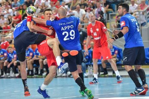 PLOCK, 16.06.2019 MECZ KWALIFIKACYJNY DO FINALOW ME 2020 PILKA RECZNA MEZCZYZN: POLSKA - IZRAEL --- QUALIFICATIONS TO 2020 EUROPEAN MEN S HANDBALL CHAMPIONSHIP MATCH: POLAND - ISRAEL NZ RAM TUTKENITZ KAMIL KRIEGER YOSEF APPO PAWEL PODSIADLO DANIEL SHKALIM FOT. DOMINIK BUZE FOTOPYK NEWSPIX.PL --- Newspix.pl  190616MiD025