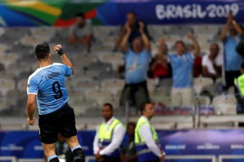Uruguayan Luis Suarez celebrates after scoring the 3-0 lead during the Copa America 2019 Group C soccer match between Uruguay and Ecuador, at Mineirao Stadium in Bello Horizonte, Brazil, 16 June 2019. Uruguay vs. Ecuador !ACHTUNG: NUR REDAKTIONELLE NUTZUNG!  Copyright: xJuanxIgnacioxRoncoronix SCA0559 20190617-636963296133150386