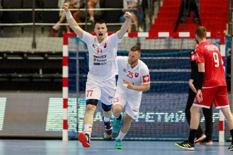June 16, 2019 - Saint Petersburg, Russia - Simon Machac (L) and Marek Kovacech of Slovakia celebrate during 2020 Men s European Championship, EM, Europameisterschaft Qualifiers match between Russia and Slovakia on June 16, 2019 at Sibur Arena in Saint Petersburg, Russia. Russia v Slovakia - 2020 Men s EHF Euro Qualifiers  - ZUMAn230 20190616_zaa_n230_897 Copyright: xMikexKireevx