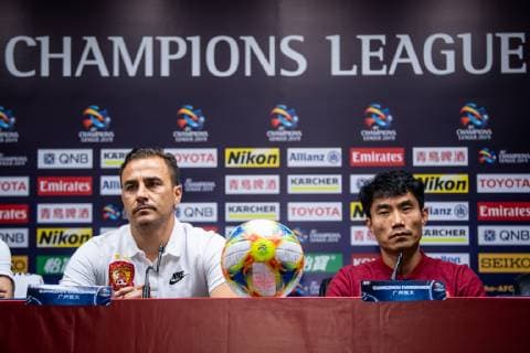 Head coach Fabio Cannavaro, left, and Zheng Zhi of Guangzhou Evergrande Taobao F.C. attend a press conference, PK, Pressekonferenz before the eighth-final match against China s Shandong Luneng Taishan F.C. during the 2019 AFC Champions League in Guangzhou city, south China s Guangdong province, 17 June 2019. Guangzhou Evergrande Taobao in full swing for 2019 AFC Champions League  bjl10910352