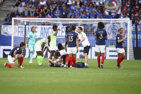 Charlotte Bilbault (France) blessee FOOTBALL : Coupe du Monde Feminine - Groupe A - Nigeria v France - 17 06 2019 GwendolineLeGoff Panoramic 