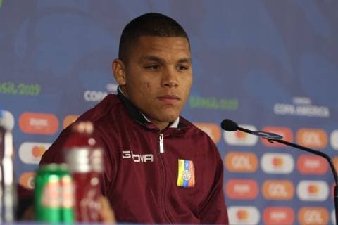 Collective of the team of Venezuela SALVADOR, BA - 17.06.2019: COLLECTIVE OF THE TEAM OF VENEZUELA - Joel Graterol, a Venezuelan national team, Nationalteam player, during a press conference, PK, Pressekonferenz at the Fonte Nova Arena in Salvador, Bahia, Brazil. (Photo: Tiago Caldas Fotoarena) x1749372x  TiagoxCaldas