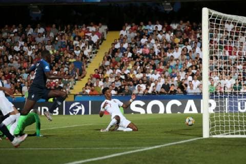 Demarai Gray of England hits the post during the UEFA Under-21 Championship 2019 match at Dino Manuzzi, Cesena. Picture date: 18th June 2019. Picture credit should read: Jonathan Moscrop Sportimage EDITORIAL USE ONLY. No use with unauthorised audio, video, data, fixture lists, club league logos or live services. Online in-match use limited to 120 images, no video emulation. No use in betting, games or single club league player publications. SPI-0101-0015