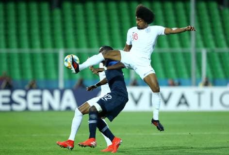 June 18, 2019 - Cesena, Italy - Jonathan Ikone of France and Hamza Choudhury of England during the UEFA Under 21 Championship Group C match England v France at the Dino Manuzzi Stadium in Cesena,Italy on June 18, 2019. England v France - UEFA U-21 Championship  - ZUMAn230 20190618_zaa_n230_937 Copyright: xMatteoxCiambellix