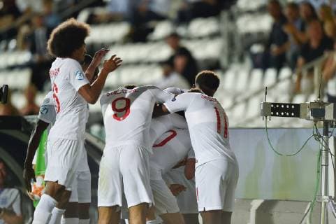 Phil Foden of England celebrates scoring first goal during the 2019 UEFA EURO, EM, Europameisterschaft,Fussball U-21 Championship match between England U-21 and France U-21 at Orogel Stadium Dino Manuzzi , Cesena, Italy on 18 June 2019. Copyright: xGiuseppexMaffiax 24260045