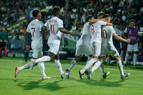 Cesena, Italien, 18.06.2019, UEFA U-21 Europameisterschaft Italien 2019, Gruppenphase, Gruppe C, England - Frankreich, jubel, Torjubel um Phil Foden (GBR) nach dem treffer zum 1:0 ( Defodi-01048-182392