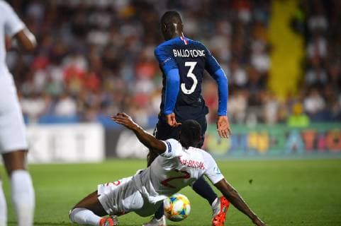 Photo Massimo Paolone LaPresse June 18, 2019 Cesena, Italy soccer England vs France - UEFA Under 21 Championship Italy 2019 - Group stage final tournament Group C - "Dino Manuzzi" stadium. In the pic: Fode Ballo Toure (Francia) competes for the ball with Aaron Wan Bissaka (Inghilterra)  Copyright: xMassimoxPaolone LaPressex