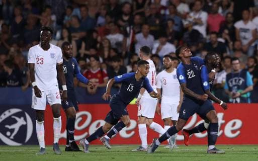 Jonathan Ikone of France celebrates scoring the equalising goal during the UEFA Under-21 Championship 2019 match at Dino Manuzzi, Cesena. Picture date: 18th June 2019. Picture credit should read: Jonathan Moscrop Sportimage EDITORIAL USE ONLY. No use with unauthorised audio, video, data, fixture lists, club league logos or live services. Online in-match use limited to 120 images, no video emulation. No use in betting, games or single club league player publications. SPI-0101-0042