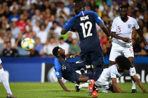 Photo Massimo Paolone LaPresse June 18, 2019 Cesena, Italy soccer England vs France - UEFA Under 21 Championship Italy 2019 - Group stage final tournament Group C - "Dino Manuzzi" stadium. In the pic: Jonathan Bamba (Francia) competes for the ball with Hamza Choudhury (Inghilterra)  Copyright: xMassimoxPaolone LaPressex