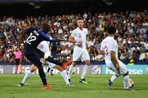 Photo Massimo Paolone LaPresse June 18, 2019 Cesena, Italy soccer England vs France - UEFA Under 21 Championship Italy 2019 - Group stage final tournament Group C - "Dino Manuzzi" stadium. In the pic: Jonathan Ikone (Francia) goal 1-1  Copyright: xMassimoxPaolone LaPressex