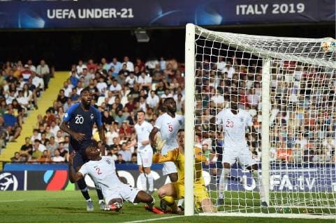 Photo Massimo Paolone LaPresse June 18, 2019 Cesena, Italy soccer England vs France - UEFA Under 21 Championship Italy 2019 - Group stage final tournament Group C - "Dino Manuzzi" stadium. In the pic: Jean Philippe Mateta (Francia) goal 2-1  Copyright: xMassimoxPaolone LaPressex
