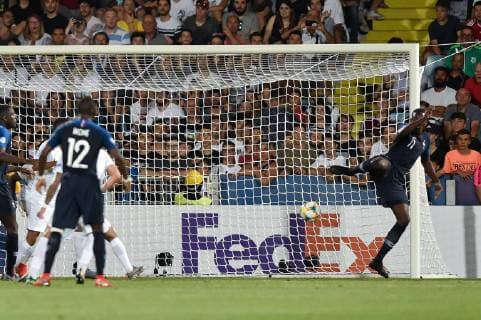 Jean-Philippe Mateta of France scores second goal with a heel strike during the 2019 UEFA EURO, EM, Europameisterschaft,Fussball U-21 Championship match between England U-21 and France U-21 at Orogel Stadium Dino Manuzzi , Cesena, Italy on 18 June 2019. Copyright: xGiuseppexMaffiax 24260058
