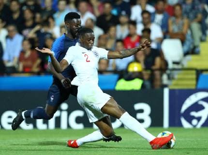 June 18, 2019 - Cesena, Italy - Aaron Wan-Bissaka of England and Jonathan Bamba of France during the UEFA Under 21 Championship Group C match England v France at the Dino Manuzzi Stadium in Cesena,Italy on June 18, 2019. England v France - UEFA U-21 Championship  - ZUMAn230 20190618_zaa_n230_953 Copyright: xMatteoxCiambellix