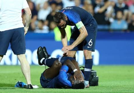 June 18, 2019 - Cesena, Italy - France s Jonathan Bamba serious ankle injury after the soul by Hamza Choudhury of England during the UEFA Under 21 Championship Group C match England v France at the Dino Manuzzi Stadium in Cesena,Italy on June 18, 2019. England v France - UEFA U-21 Championship  - ZUMAn230 20190618_zaa_n230_956 Copyright: xMatteoxCiambellix