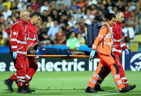 June 18, 2019 - Cesena, Italy - France s Jonathan Bamba getting off after the serious ankle injury after the soul by Hamza Choudhury of England during the UEFA Under 21 Championship Group C match England v France at the Dino Manuzzi Stadium in Cesena,Italy on June 18, 2019. England v France - UEFA U-21 Championship  - ZUMAn230 20190618_zaa_n230_957 Copyright: xMatteoxCiambellix